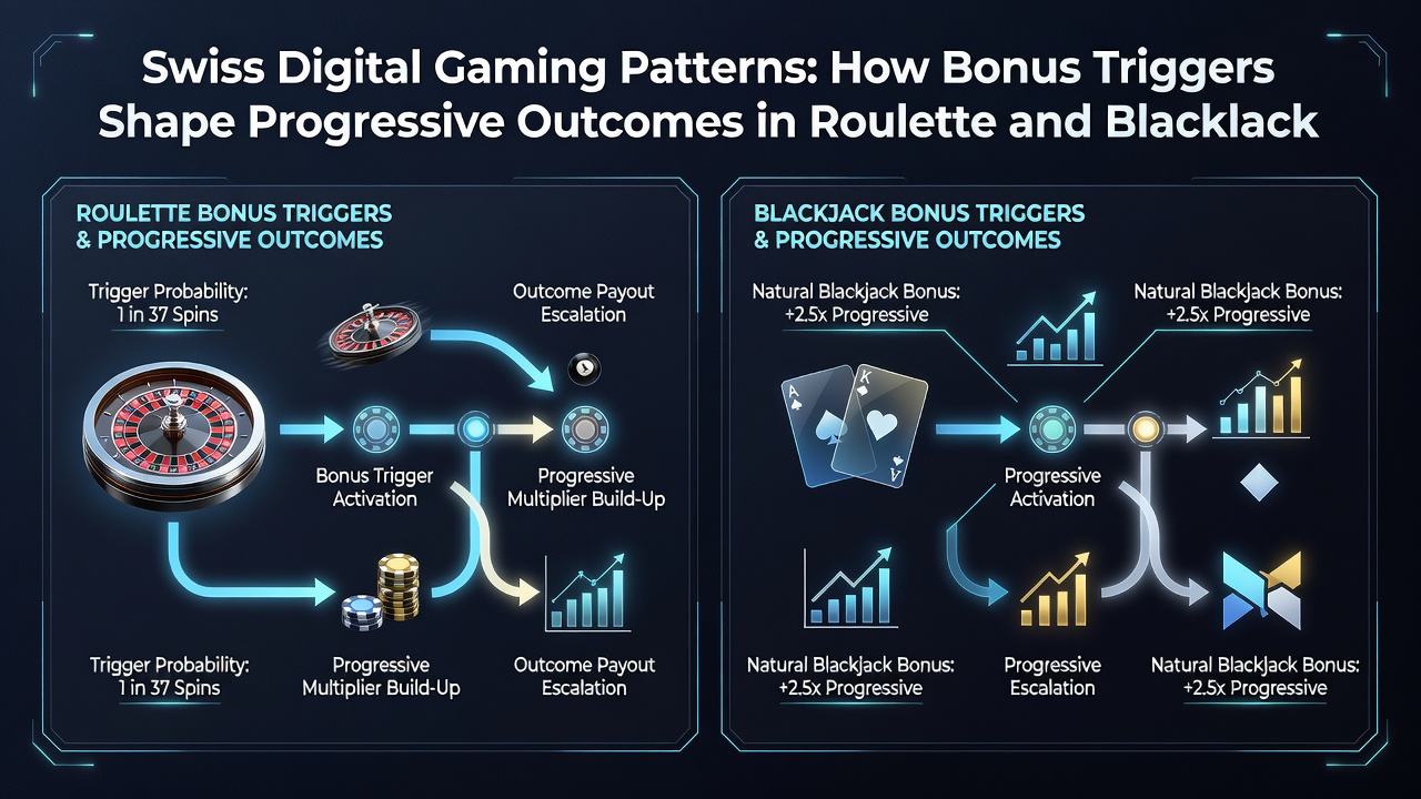 Data visualization of bonus trigger frequencies and progressive jackpot growth in Swiss hybrid table games